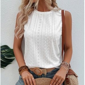 White Eyelet Embroidery Tank Top Regular Fit Casual Boho